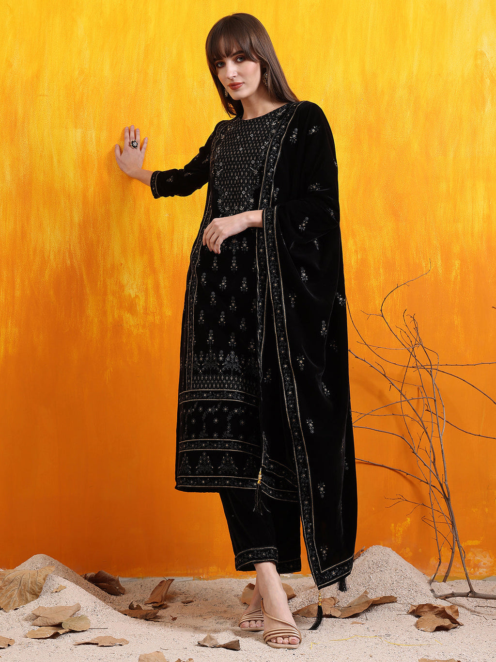Hand Embroidered & Foil Printed Velvet Kurta With Pant & Dupatta, Black - Hiral Fashion | Grocsy