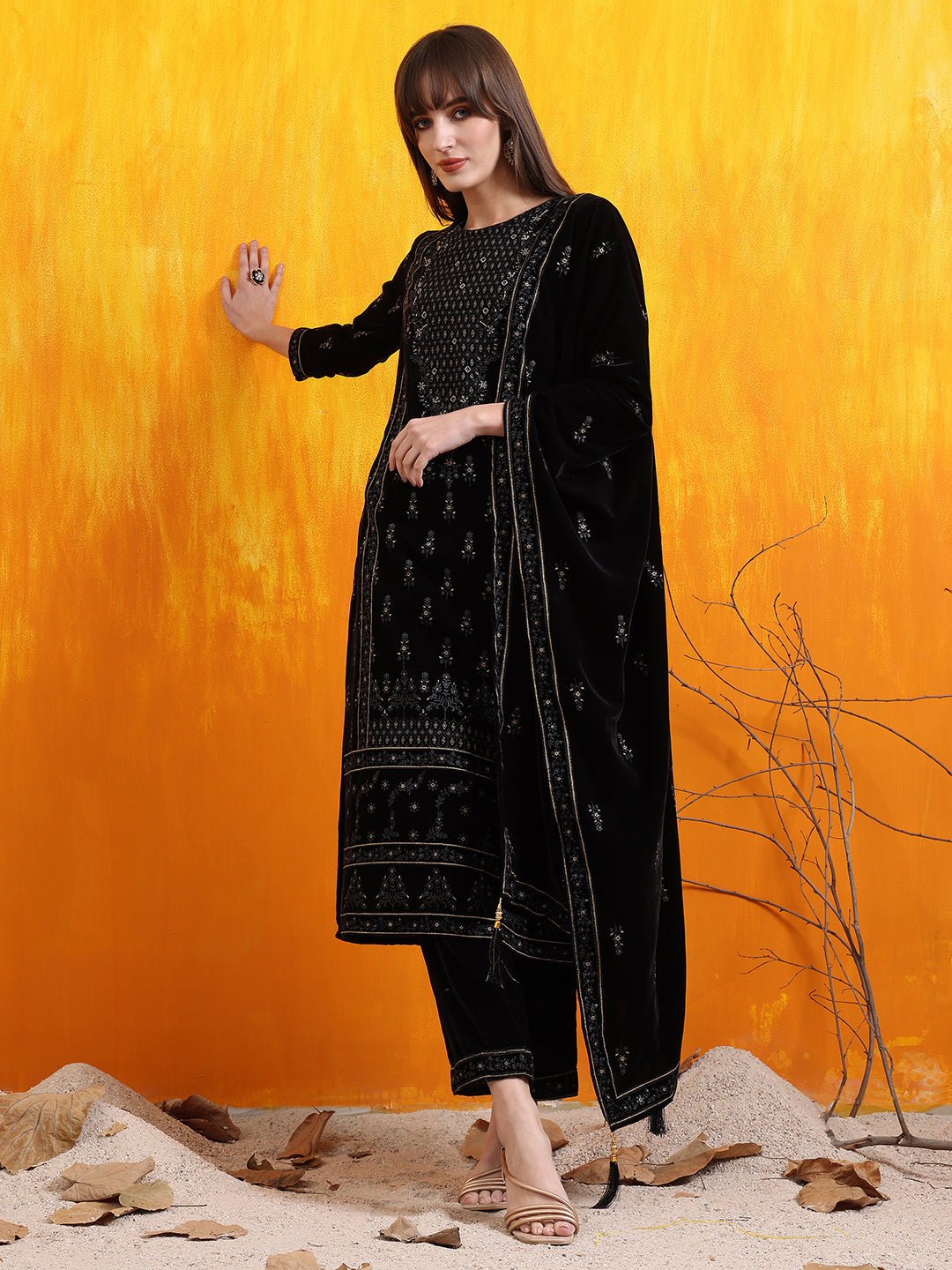 Hand Embroidered & Foil Printed Velvet Kurta With Pant & Dupatta, Black - Hiral Fashion | Grocsy