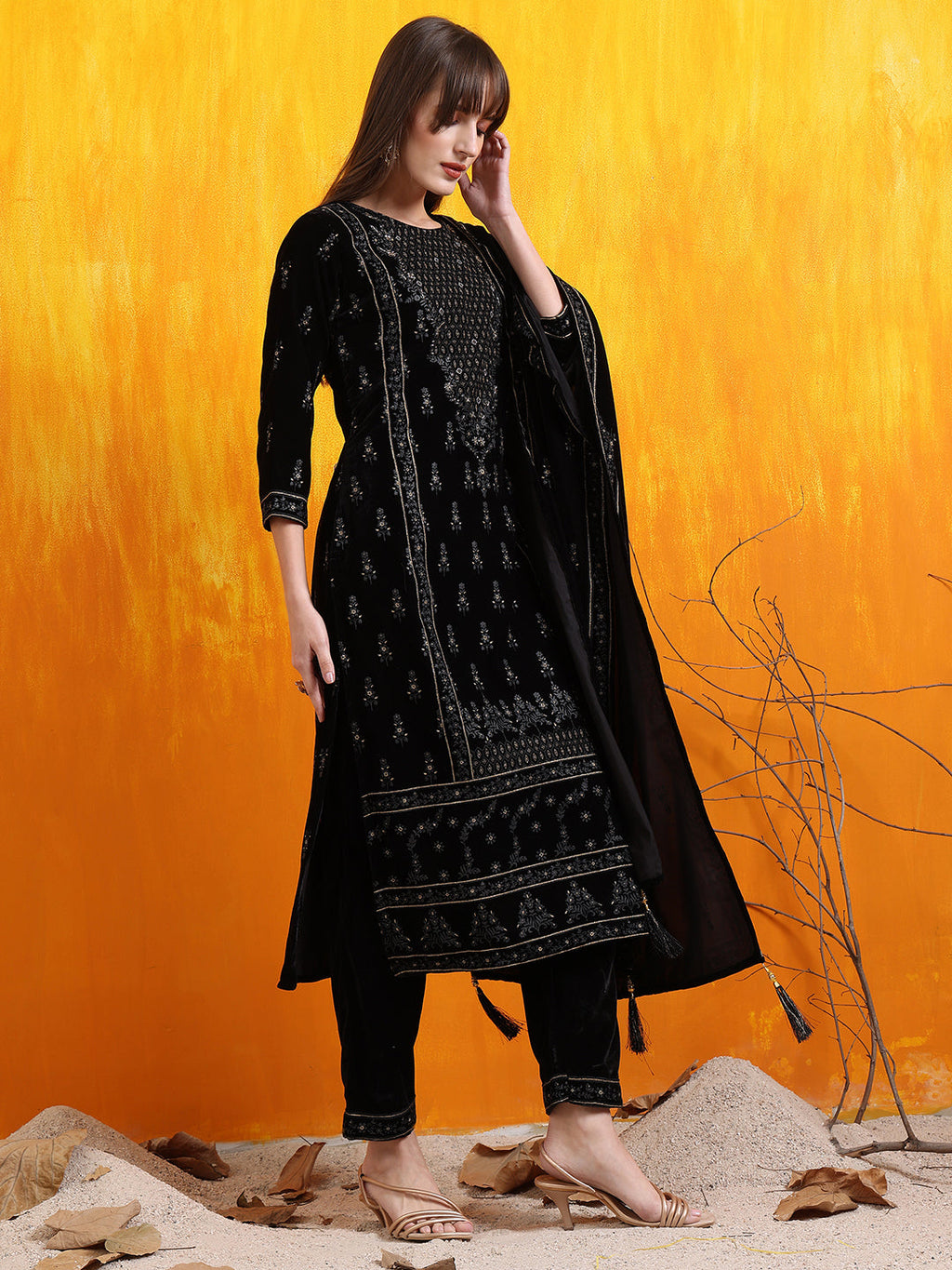 Hand Embroidered & Foil Printed Velvet Kurta With Pant & Dupatta, Black - Hiral Fashion | Grocsy