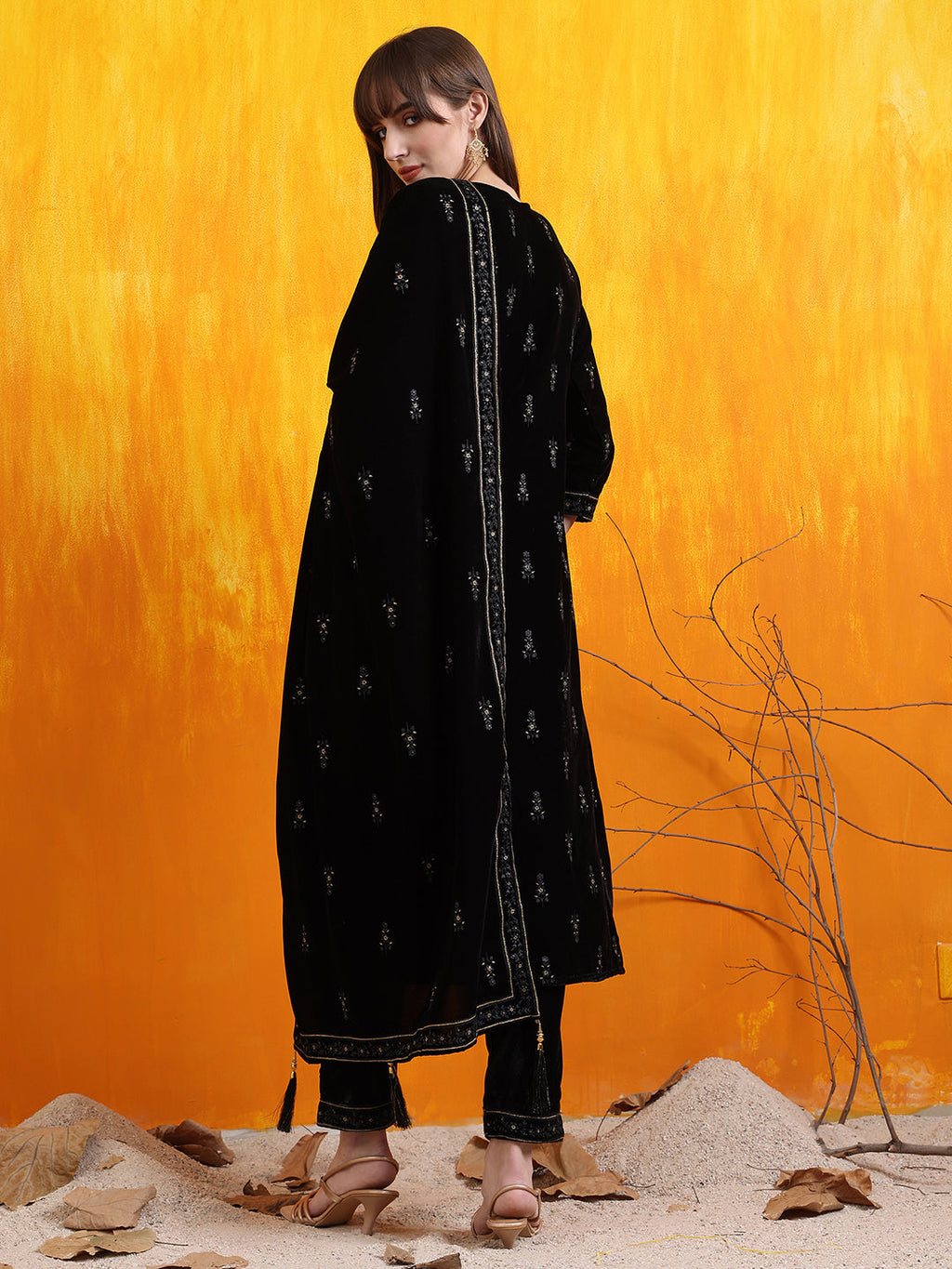 Hand Embroidered & Foil Printed Velvet Kurta With Pant & Dupatta, Black - Hiral Fashion | Grocsy