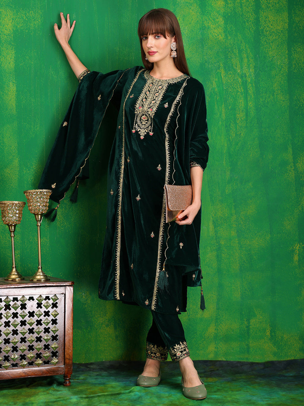 Thread & Sequined Embroidered Velvet Kurta With Pant & Embroidered Dupatta, Bottle-Green - Hiral Fashion | Grocsy