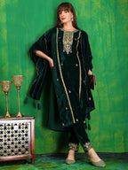 Thread & Sequined Embroidered Velvet Kurta With Pant & Embroidered Dupatta, Bottle-Green - Hiral Fashion | Grocsy