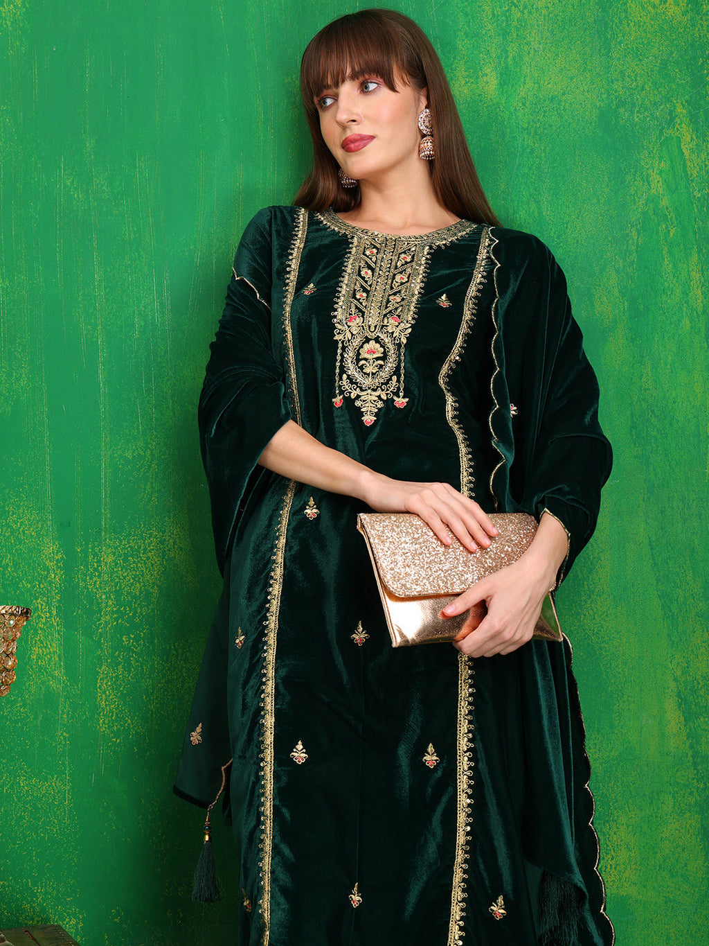 Thread & Sequined Embroidered Velvet Kurta With Pant & Embroidered Dupatta, Bottle-Green - Hiral Fashion | Grocsy