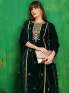 Thread & Sequined Embroidered Velvet Kurta With Pant & Embroidered Dupatta, Bottle-Green - Hiral Fashion | Grocsy