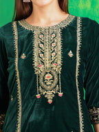 Thread & Sequined Embroidered Velvet Kurta With Pant & Embroidered Dupatta, Bottle-Green - Hiral Fashion | Grocsy