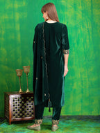Thread & Sequined Embroidered Velvet Kurta With Pant & Embroidered Dupatta, Bottle-Green - Hiral Fashion | Grocsy