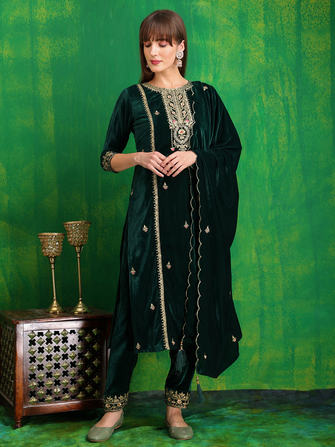 Thread & Sequined Embroidered Velvet Kurta With Pant & Embroidered Dupatta, Bottle-Green - Hiral Fashion | Grocsy