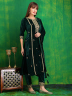 Thread & Sequined Embroidered Velvet Kurta With Pant & Embroidered Dupatta, Bottle-Green - Hiral Fashion | Grocsy