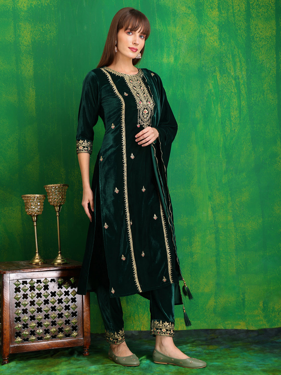 Thread & Sequined Embroidered Velvet Kurta With Pant & Embroidered Dupatta, Bottle-Green - Hiral Fashion | Grocsy