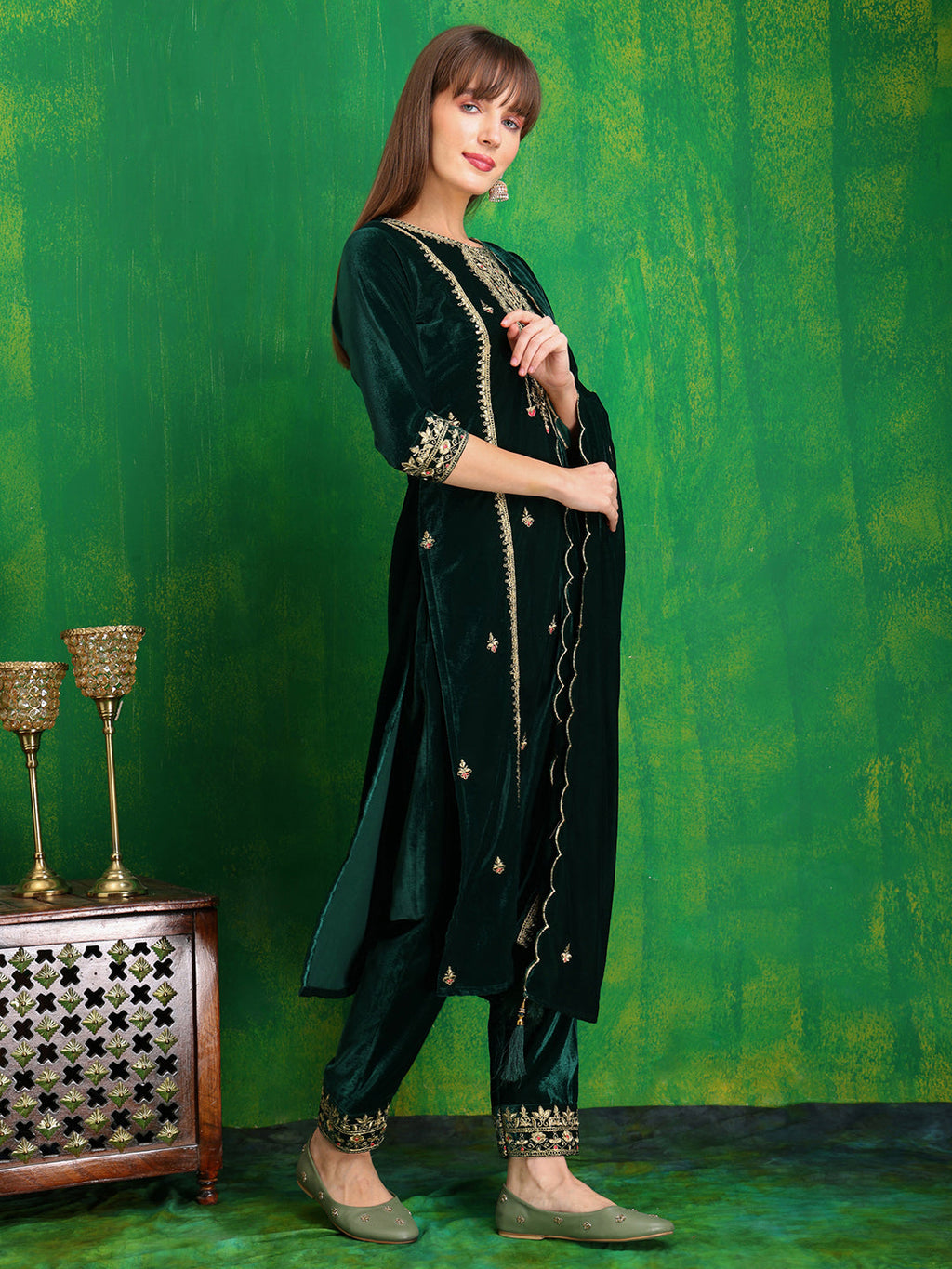 Thread & Sequined Embroidered Velvet Kurta With Pant & Embroidered Dupatta, Bottle-Green - Hiral Fashion | Grocsy