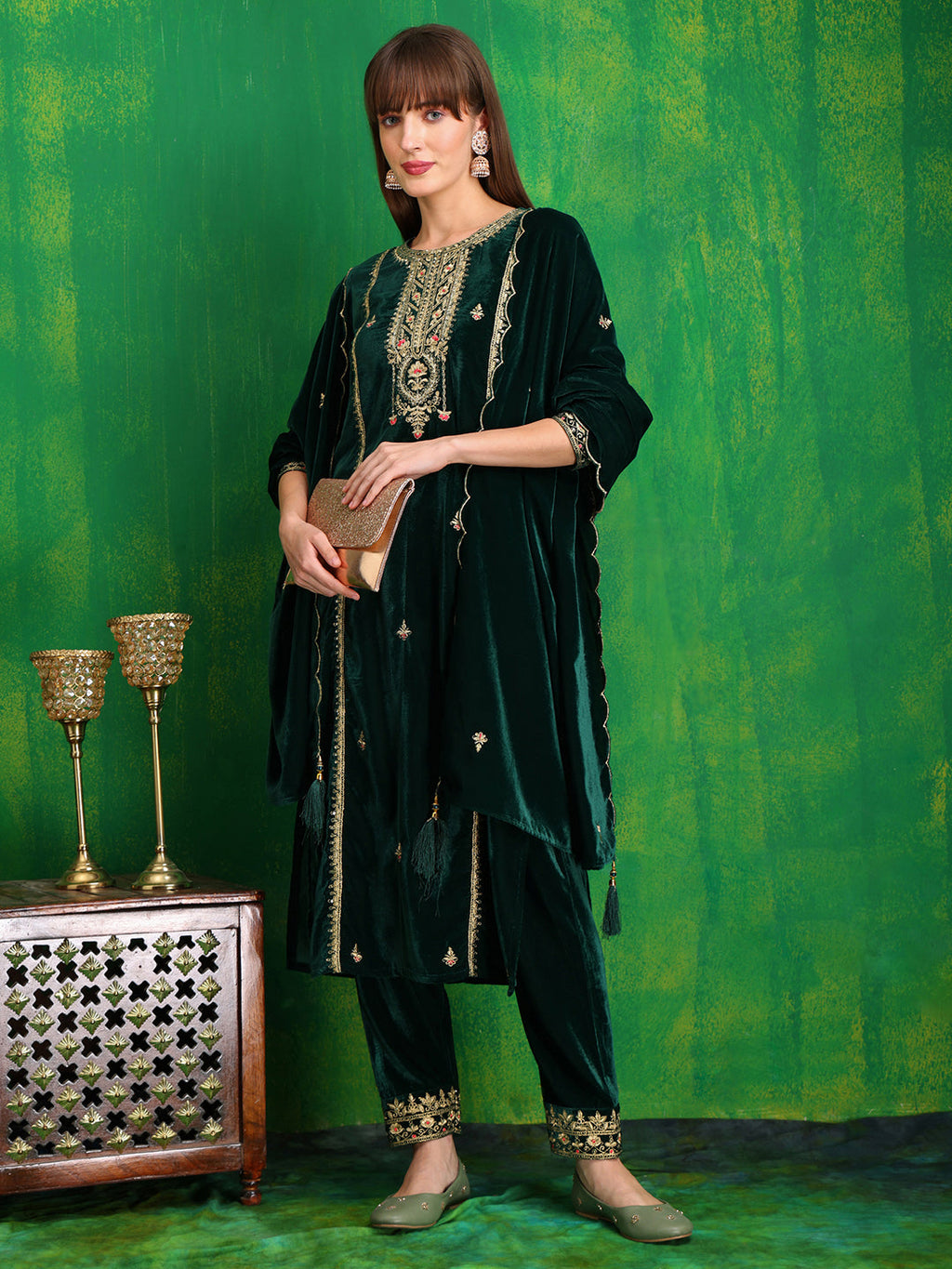 Thread & Sequined Embroidered Velvet Kurta With Pant & Embroidered Dupatta, Bottle-Green - Hiral Fashion | Grocsy