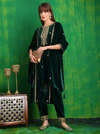 Thread & Sequined Embroidered Velvet Kurta With Pant & Embroidered Dupatta, Bottle-Green - Hiral Fashion | Grocsy
