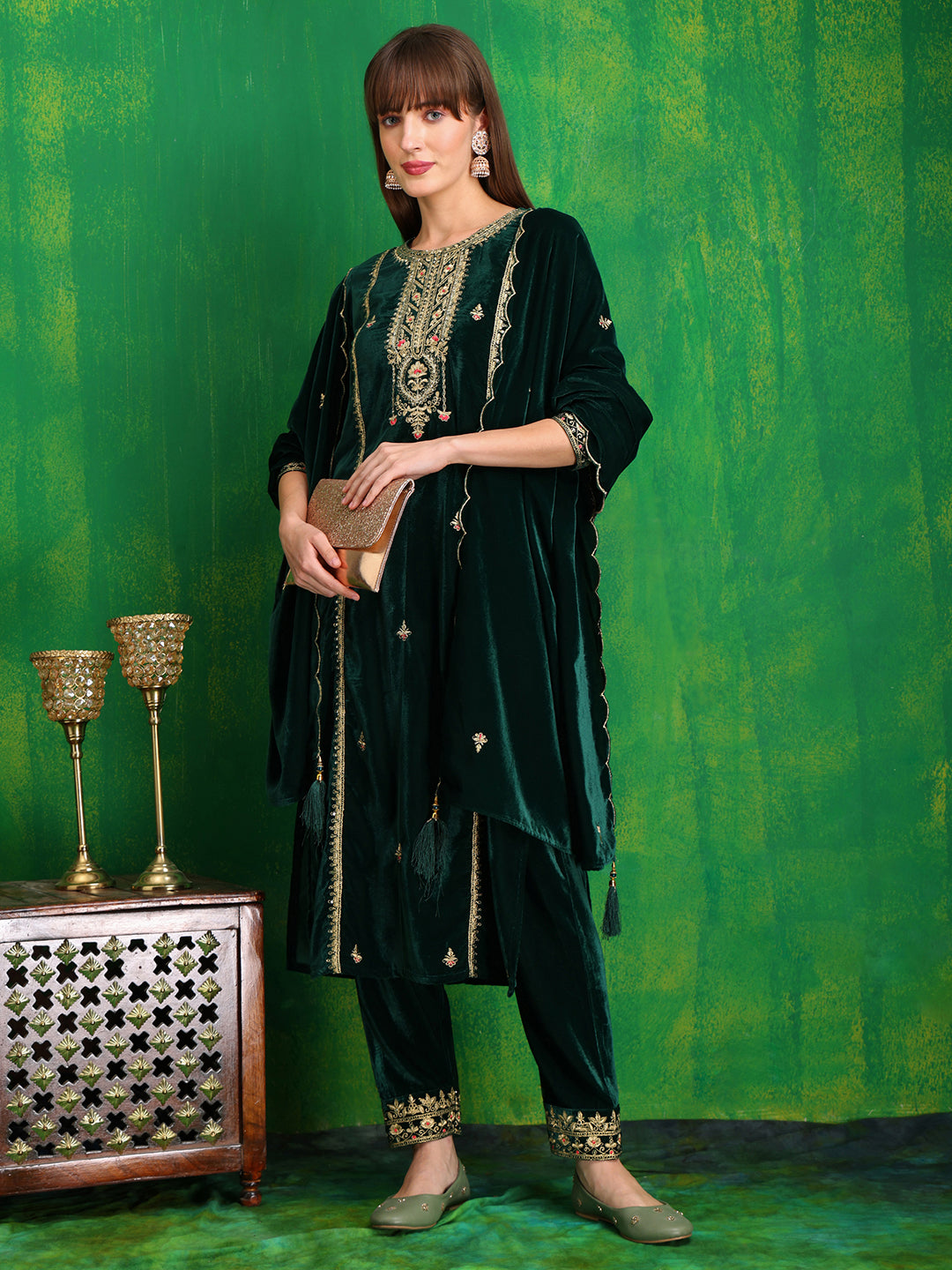 Thread & Sequined Embroidered Velvet Kurta With Pant & Embroidered Dupatta, Bottle-Green - Hiral Fashion | Grocsy