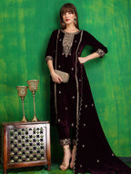Thread & Sequined Embroidered Velvet Kurta With Pant & Embroidered Dupatta, Wine - Hiral Fashion | Grocsy