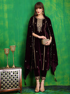 Thread & Sequined Embroidered Velvet Kurta With Pant & Embroidered Dupatta, Wine - Hiral Fashion | Grocsy