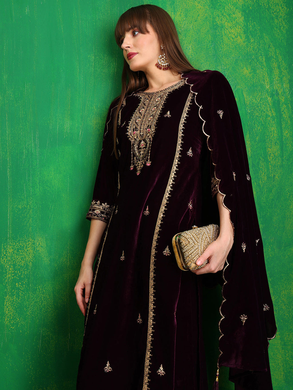 Thread & Sequined Embroidered Velvet Kurta With Pant & Embroidered Dupatta, Wine - Hiral Fashion | Grocsy