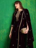 Thread & Sequined Embroidered Velvet Kurta With Pant & Embroidered Dupatta, Wine - Hiral Fashion | Grocsy