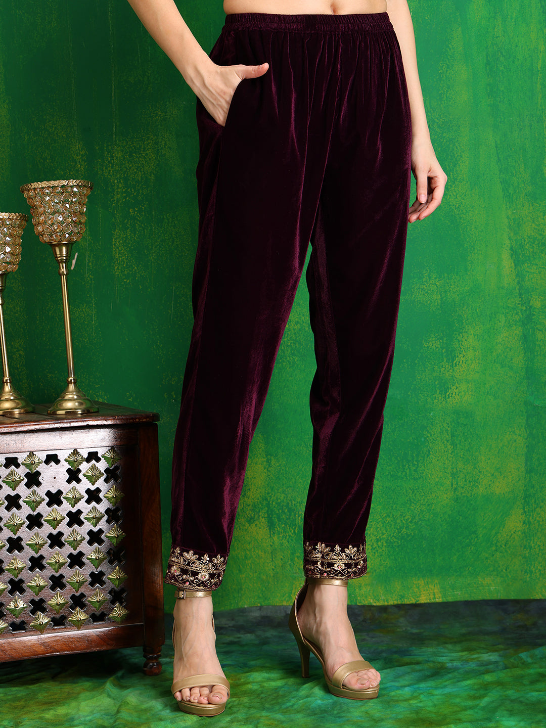 Thread & Sequined Embroidered Velvet Kurta With Pant & Embroidered Dupatta, Wine - Hiral Fashion | Grocsy