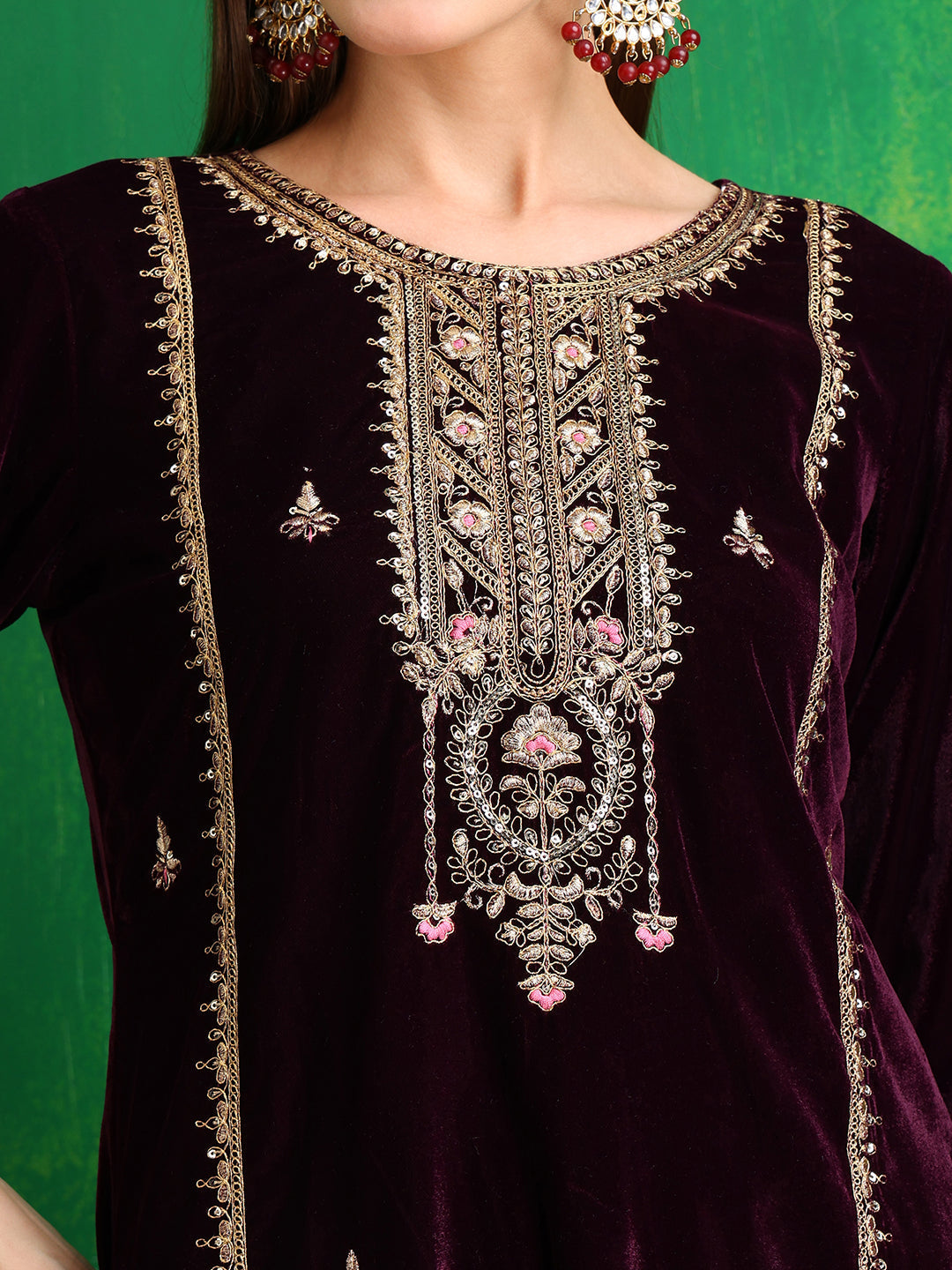 Thread & Sequined Embroidered Velvet Kurta With Pant & Embroidered Dupatta, Wine - Hiral Fashion | Grocsy