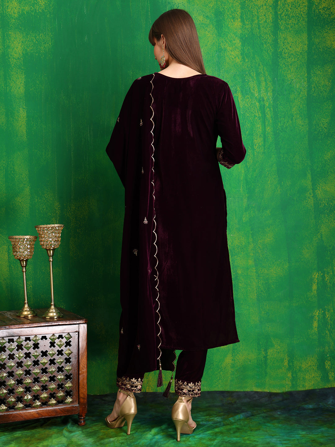 Thread & Sequined Embroidered Velvet Kurta With Pant & Embroidered Dupatta, Wine - Hiral Fashion | Grocsy