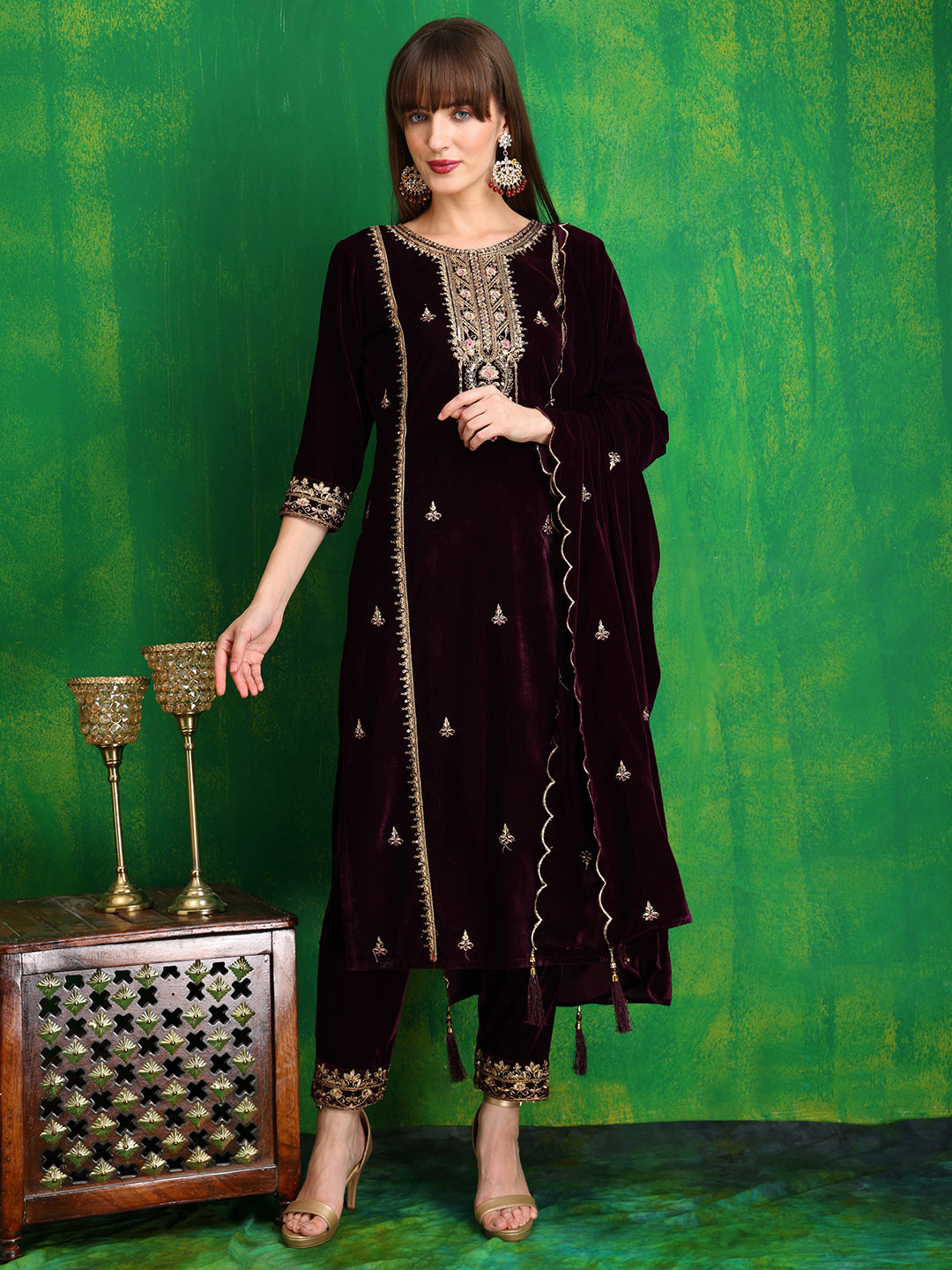Thread & Sequined Embroidered Velvet Kurta With Pant & Embroidered Dupatta, Wine - Hiral Fashion | Grocsy