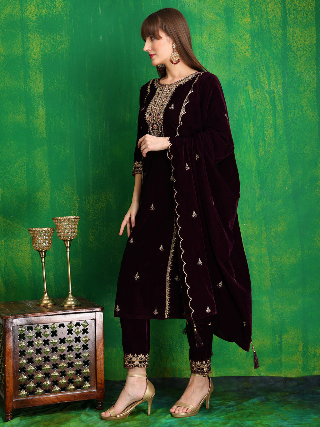 Thread & Sequined Embroidered Velvet Kurta With Pant & Embroidered Dupatta, Wine - Hiral Fashion | Grocsy