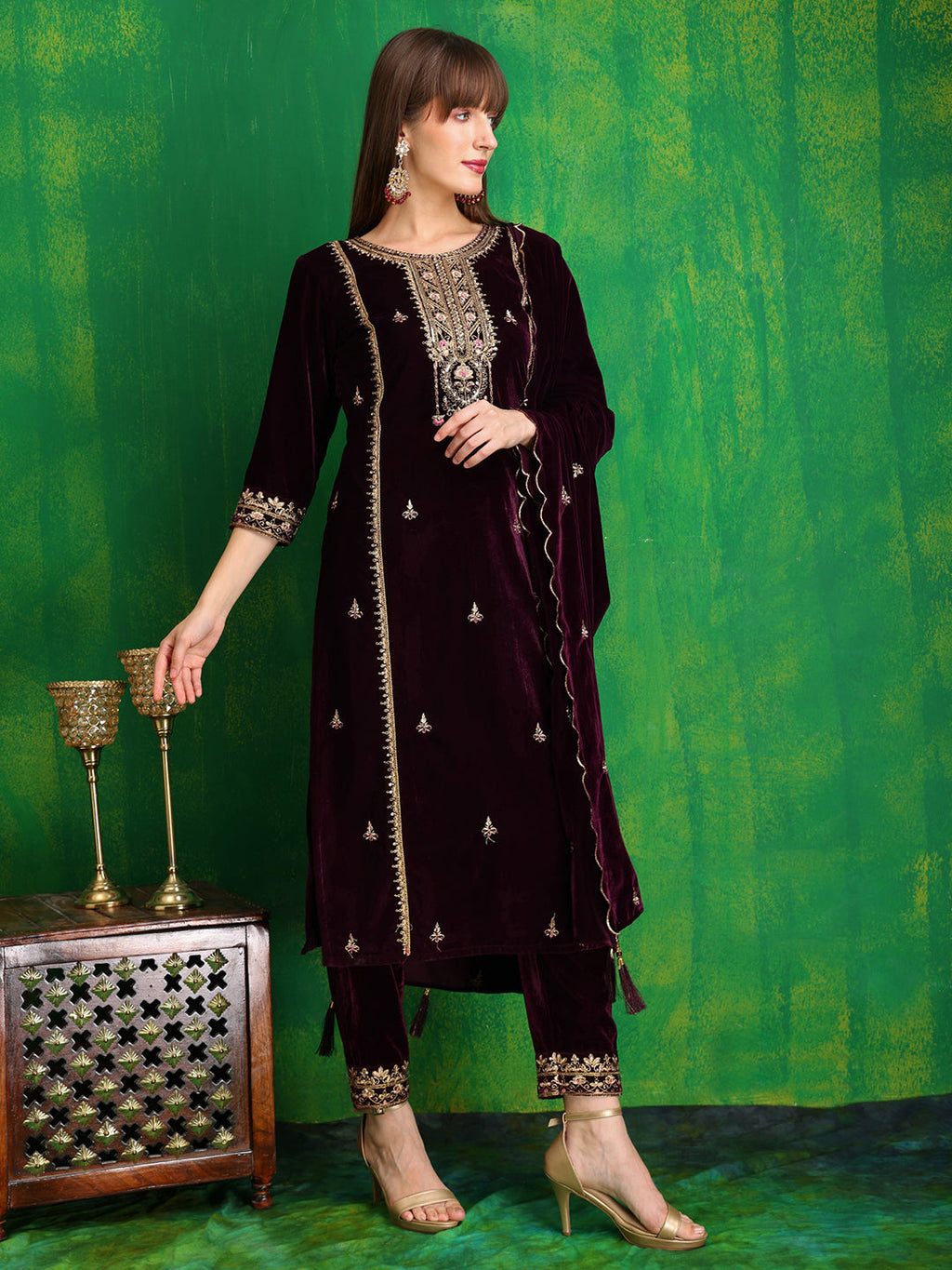 Thread & Sequined Embroidered Velvet Kurta With Pant & Embroidered Dupatta, Wine - Hiral Fashion | Grocsy