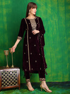 Thread & Sequined Embroidered Velvet Kurta With Pant & Embroidered Dupatta, Wine - Hiral Fashion | Grocsy