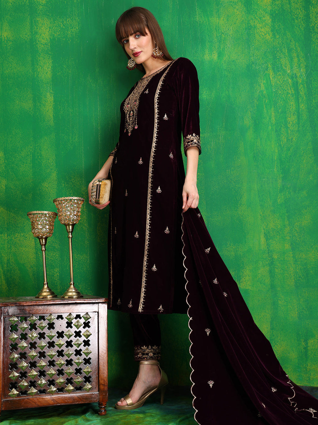 Thread & Sequined Embroidered Velvet Kurta With Pant & Embroidered Dupatta, Wine - Hiral Fashion | Grocsy
