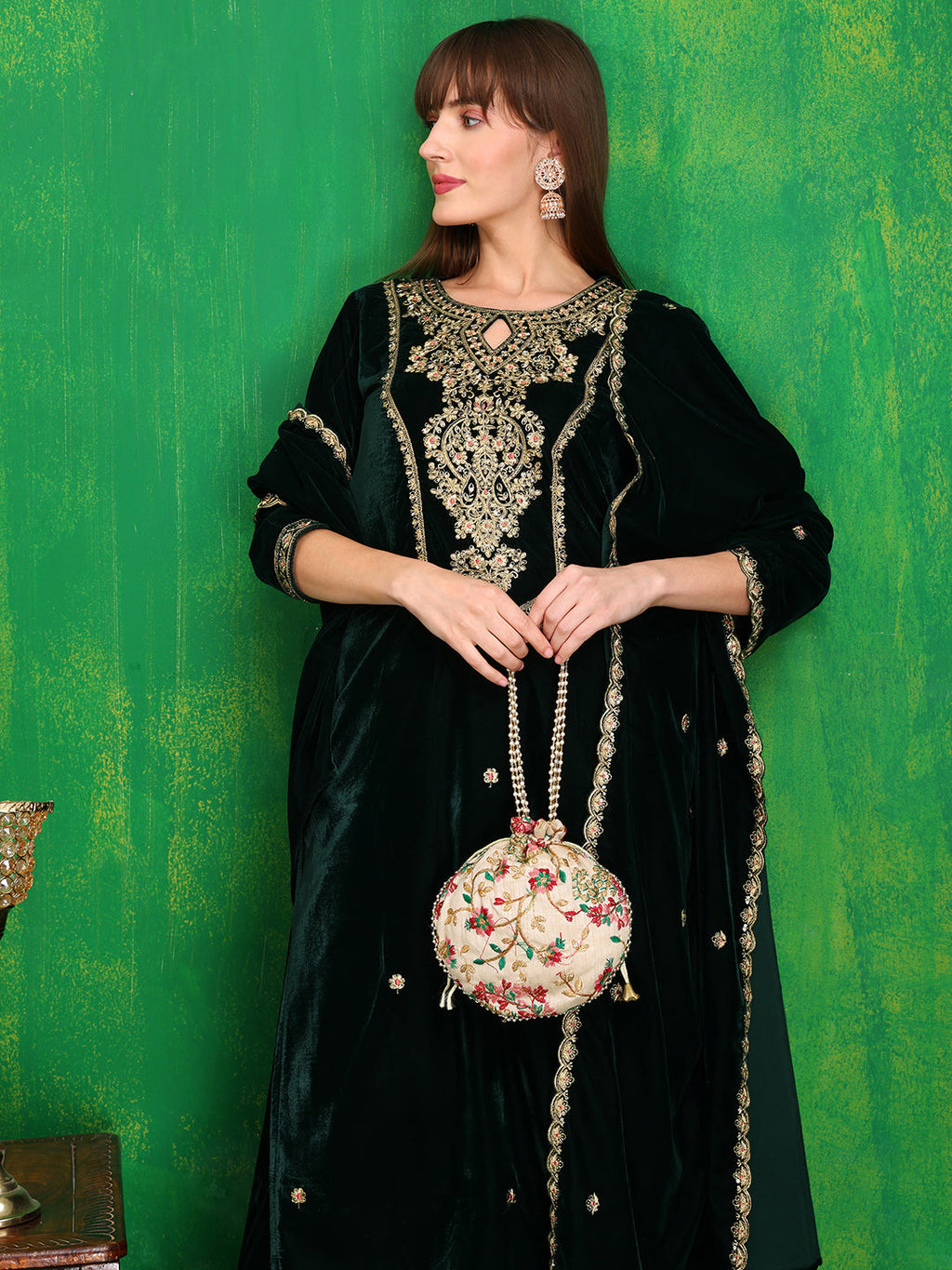 Velvet Embroidered Kurta With Pant & Embroidered Velvet Dupatta, Bottle-Green - Hiral Fashion | Grocsy