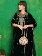 Velvet Embroidered Kurta With Pant & Embroidered Velvet Dupatta, Bottle-Green - Hiral Fashion | Grocsy