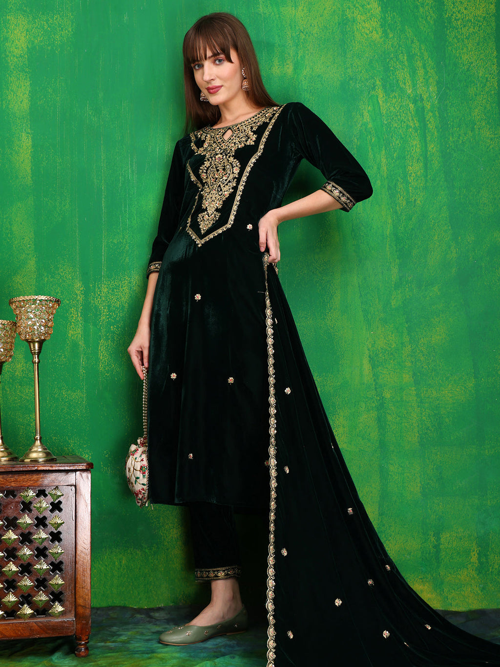 Velvet Embroidered Kurta With Pant & Embroidered Velvet Dupatta, Bottle-Green - Hiral Fashion | Grocsy