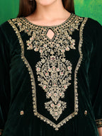 Velvet Embroidered Kurta With Pant & Embroidered Velvet Dupatta, Bottle-Green - Hiral Fashion | Grocsy