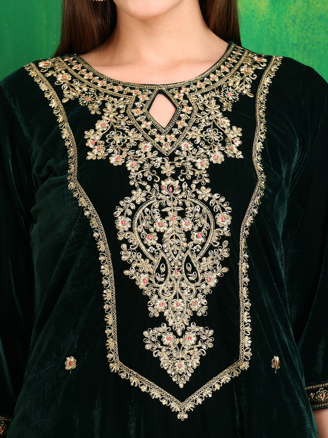 Velvet Embroidered Kurta With Pant & Embroidered Velvet Dupatta, Bottle-Green - Hiral Fashion | Grocsy