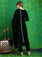 Velvet Embroidered Kurta With Pant & Embroidered Velvet Dupatta, Bottle-Green - Hiral Fashion | Grocsy