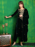 Velvet Embroidered Kurta With Pant & Embroidered Velvet Dupatta, Bottle-Green - Hiral Fashion | Grocsy