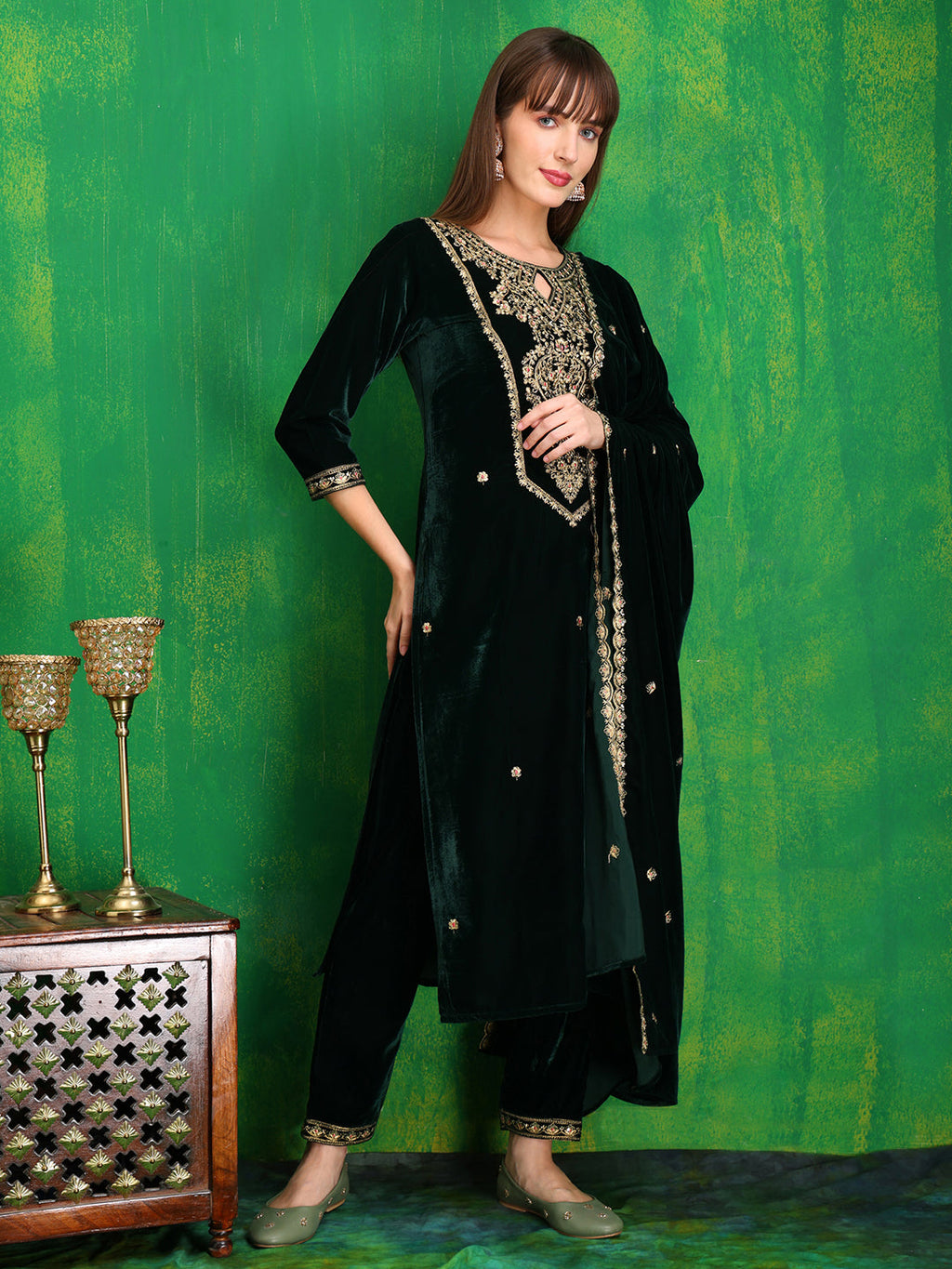 Velvet Embroidered Kurta With Pant & Embroidered Velvet Dupatta, Bottle-Green - Hiral Fashion | Grocsy