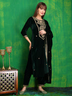 Velvet Embroidered Kurta With Pant & Embroidered Velvet Dupatta, Bottle-Green - Hiral Fashion | Grocsy