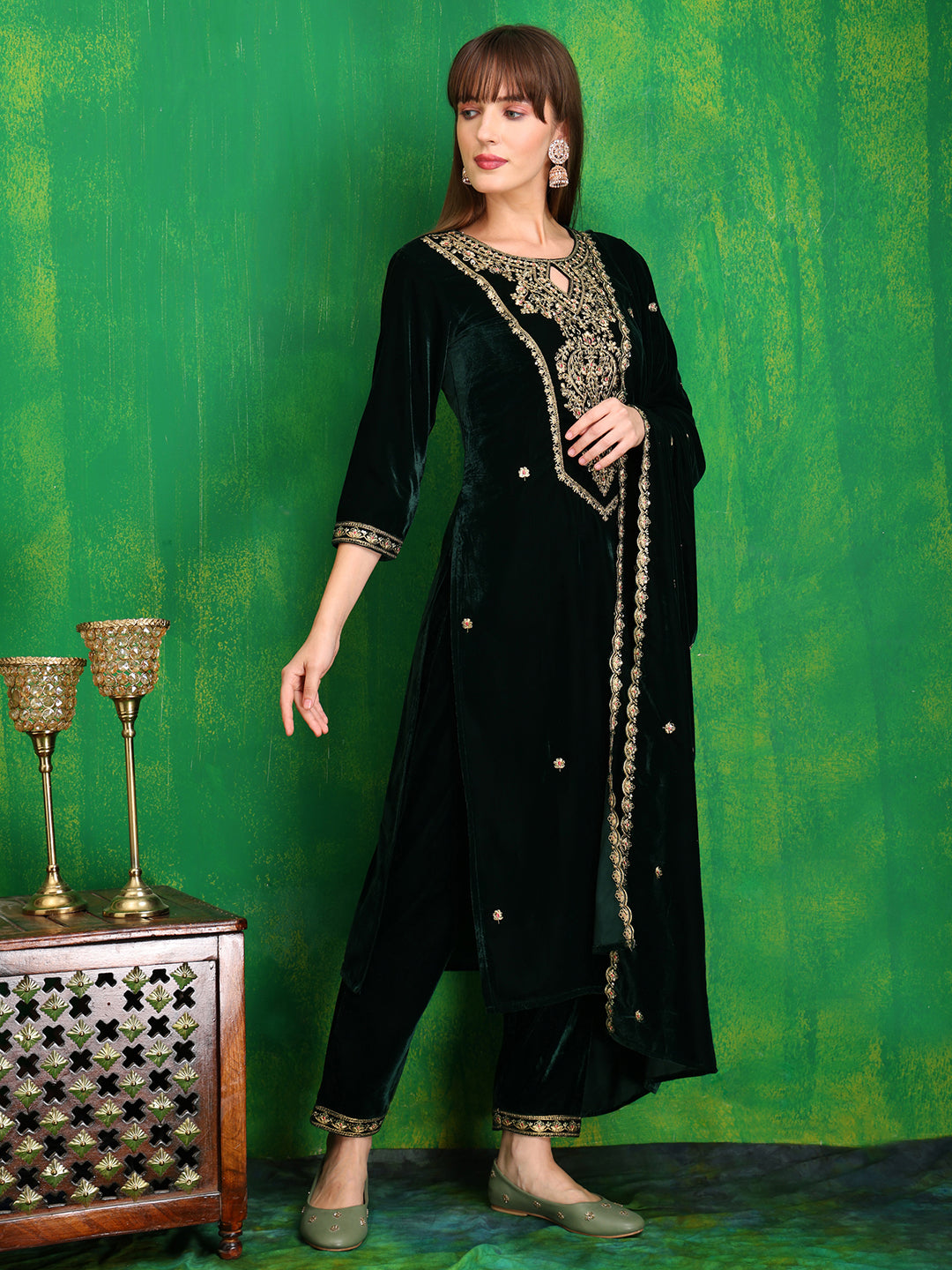 Velvet Embroidered Kurta With Pant & Embroidered Velvet Dupatta, Bottle-Green - Hiral Fashion | Grocsy