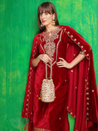 Velvet Embroidered Kurta With Pant & Embroidered Velvet Dupatta, Maroon - Hiral Fashion | Grocsy