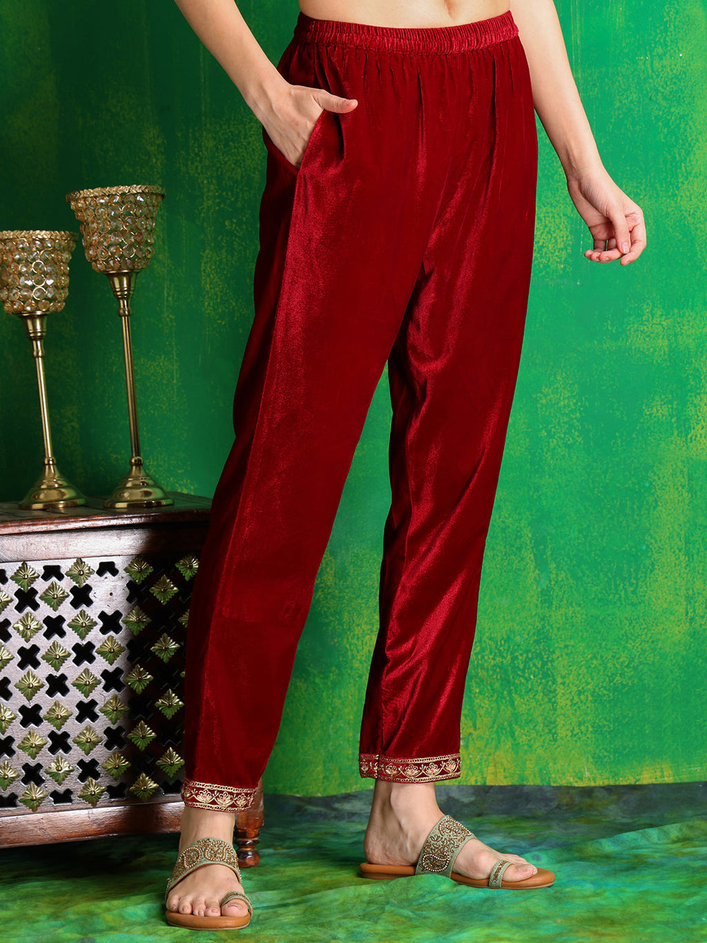 Velvet Embroidered Kurta With Pant & Embroidered Velvet Dupatta, Maroon - Hiral Fashion | Grocsy