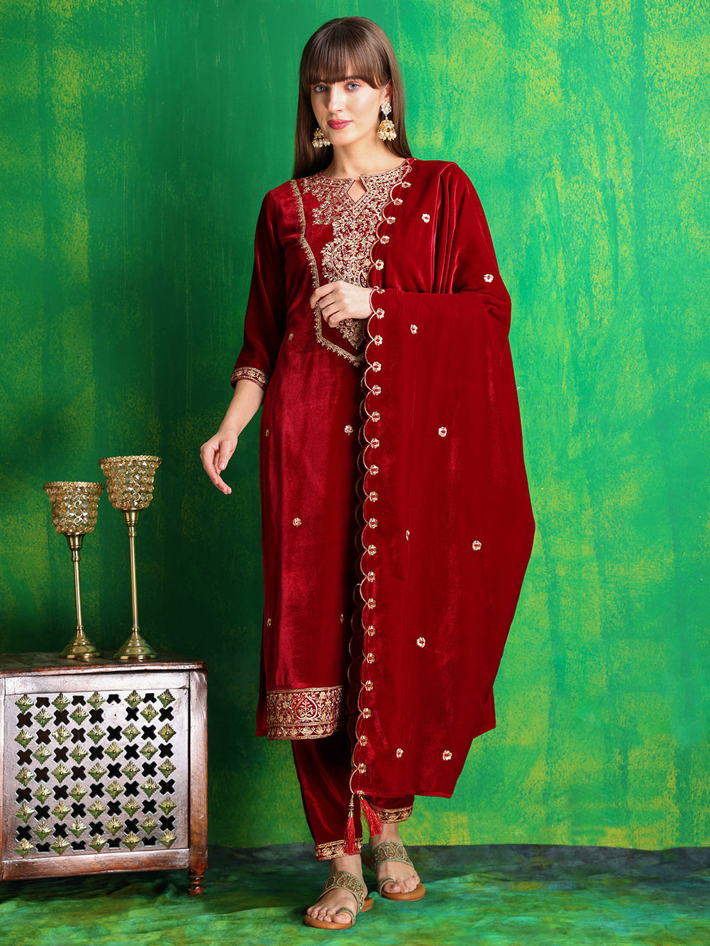Velvet Embroidered Kurta With Pant & Embroidered Velvet Dupatta, Maroon - Hiral Fashion | Grocsy