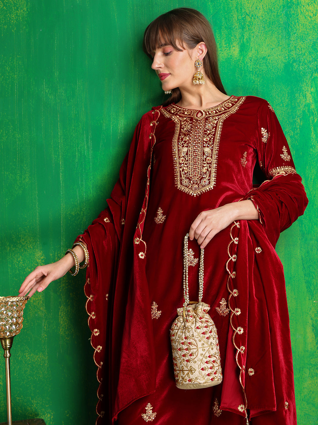 Thread & Sequined Embroidered Velvet Kurta With Pant & Embroidered Dupatta, Maroon - Hiral Fashion | Grocsy