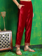 Thread & Sequined Embroidered Velvet Kurta With Pant & Embroidered Dupatta, Maroon - Hiral Fashion | Grocsy