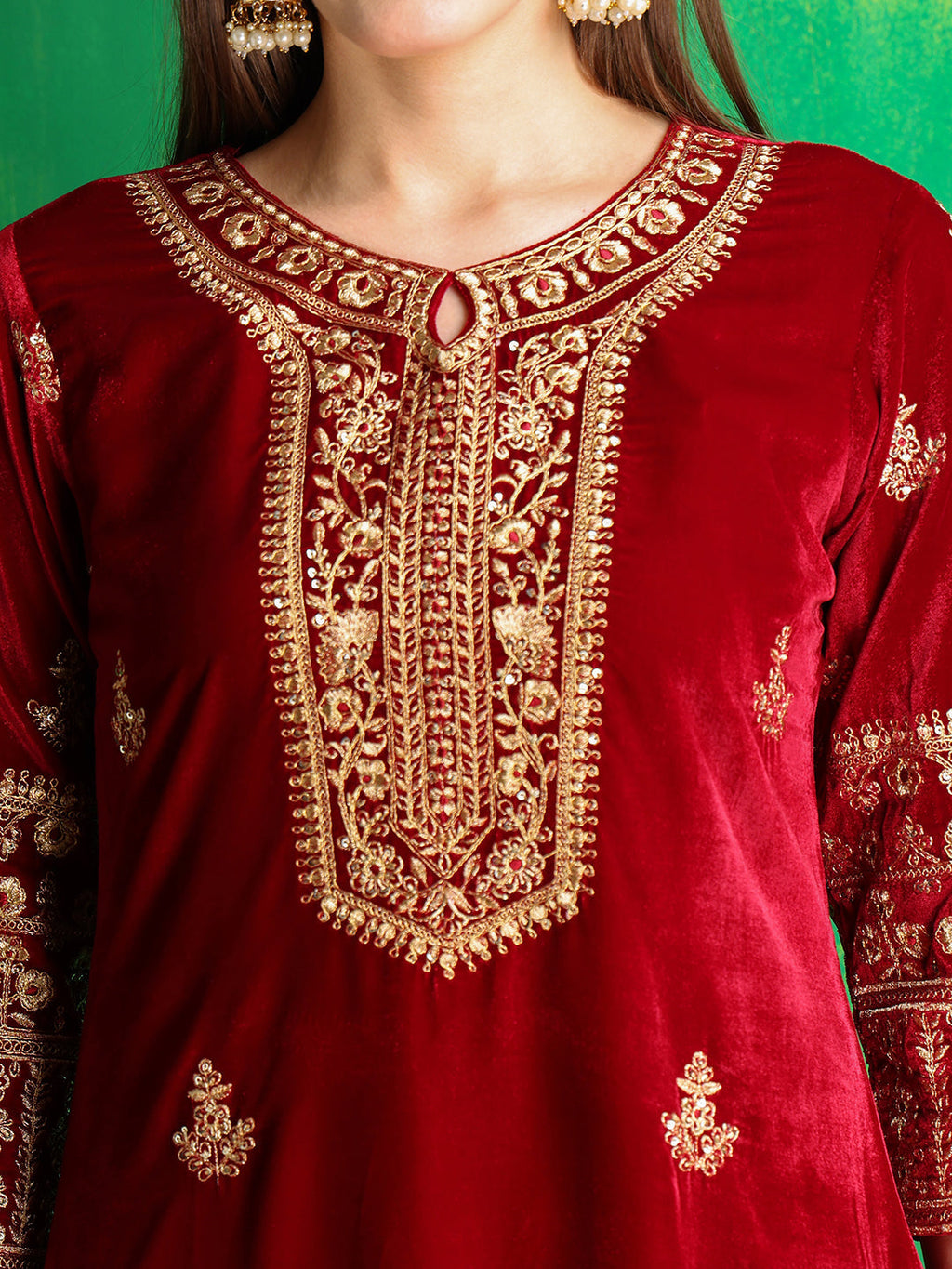 Thread & Sequined Embroidered Velvet Kurta With Pant & Embroidered Dupatta, Maroon - Hiral Fashion | Grocsy