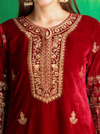 Thread & Sequined Embroidered Velvet Kurta With Pant & Embroidered Dupatta, Maroon - Hiral Fashion | Grocsy