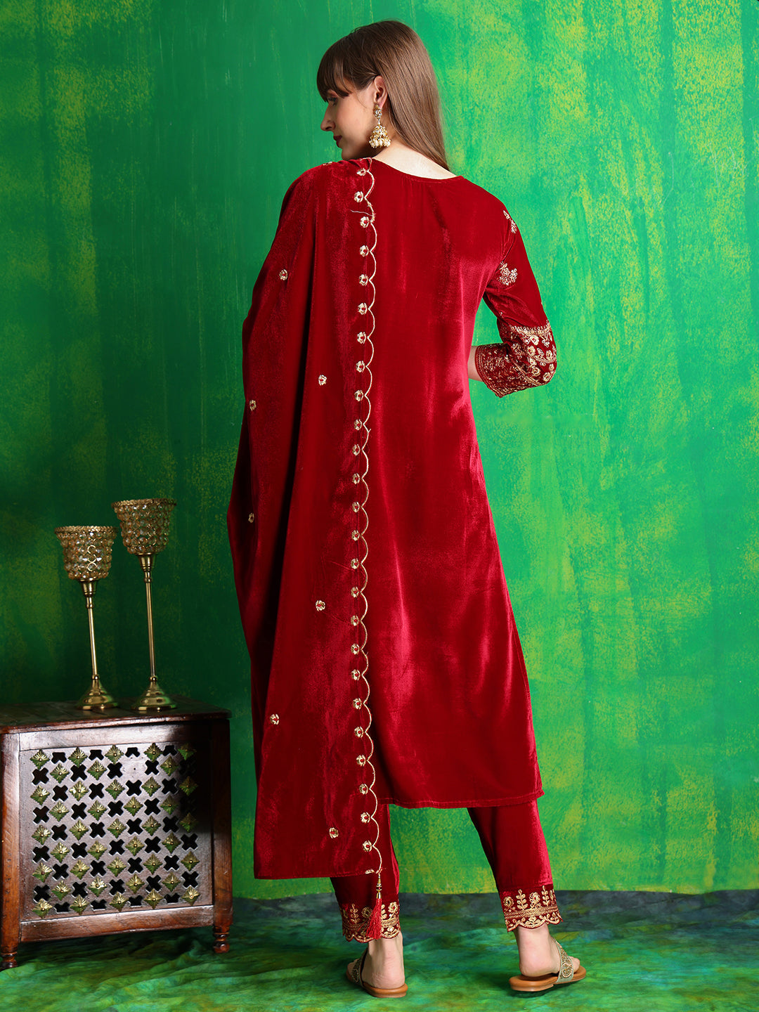 Thread & Sequined Embroidered Velvet Kurta With Pant & Embroidered Dupatta, Maroon - Hiral Fashion | Grocsy