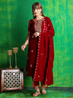 Thread & Sequined Embroidered Velvet Kurta With Pant & Embroidered Dupatta, Maroon - Hiral Fashion | Grocsy