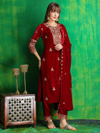 Thread & Sequined Embroidered Velvet Kurta With Pant & Embroidered Dupatta, Maroon - Hiral Fashion | Grocsy