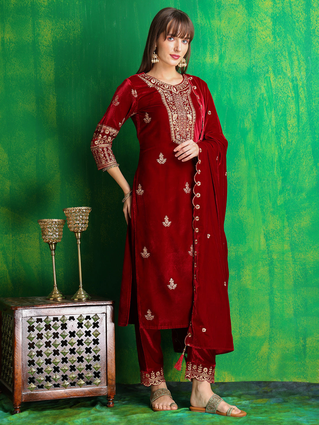 Thread & Sequined Embroidered Velvet Kurta With Pant & Embroidered Dupatta, Maroon - Hiral Fashion | Grocsy